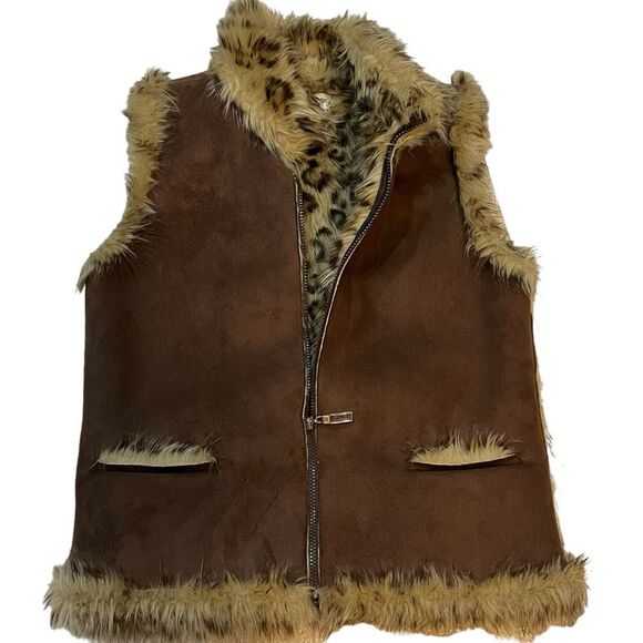 Sport Haley Faux Suede Leopard Print Vest Medium – Faux Fur Lined, Front Pockets - Picture 5 of 16